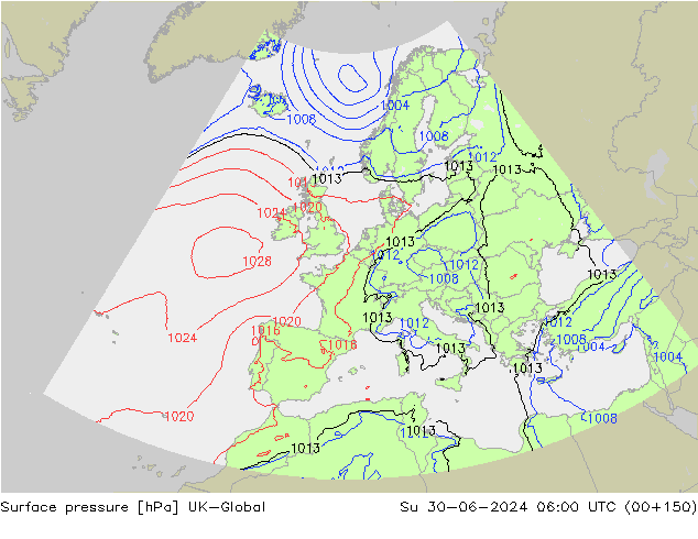 Pressione al suolo UK-Global dom 30.06.2024 06 UTC