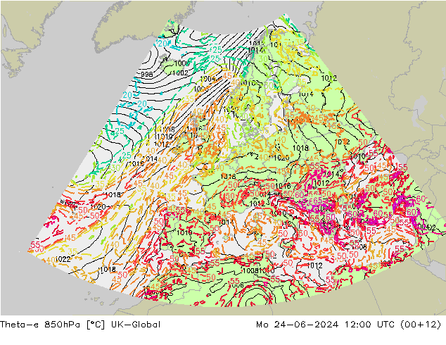 Theta-e 850hPa UK-Global pon. 24.06.2024 12 UTC