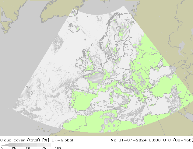 Bewolking (Totaal) UK-Global ma 01.07.2024 00 UTC