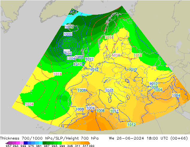 Schichtdicke 700-1000 hPa UK-Global Mi 26.06.2024 18 UTC