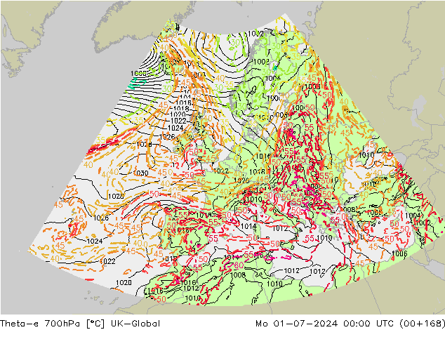 Theta-e 700hPa UK-Global Mo 01.07.2024 00 UTC