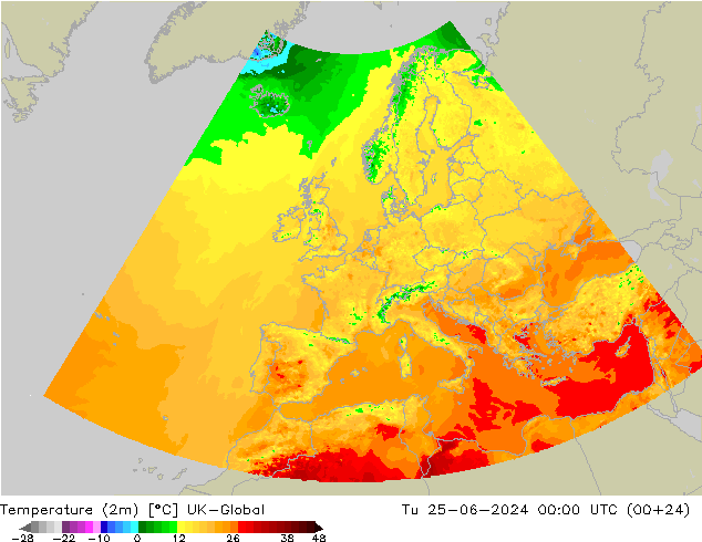 Temperaturkarte (2m) UK-Global Di 25.06.2024 00 UTC