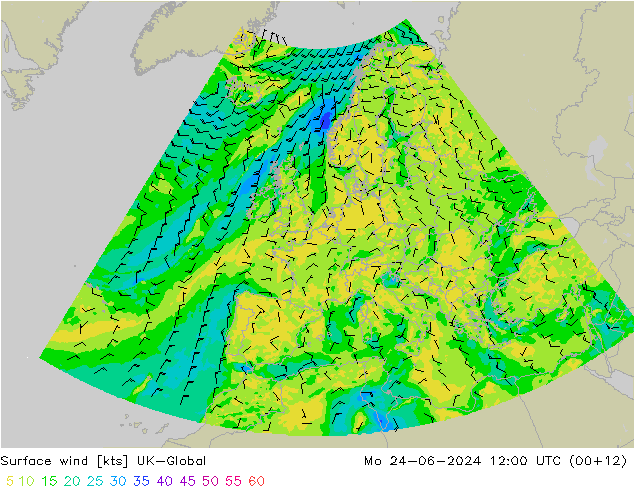 Rüzgar 10 m UK-Global Pzt 24.06.2024 12 UTC