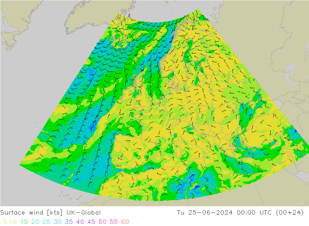 Vento 10 m UK-Global mar 25.06.2024 00 UTC