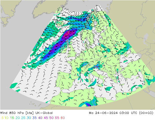 Wind 850 hPa UK-Global Mo 24.06.2024 03 UTC