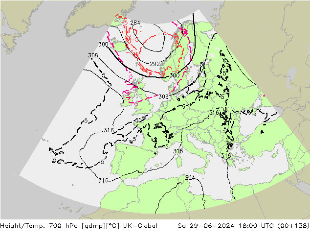 Height/Temp. 700 hPa UK-Global sab 29.06.2024 18 UTC