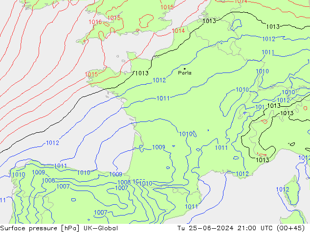 Surface pressure UK-Global Tu 25.06.2024 21 UTC