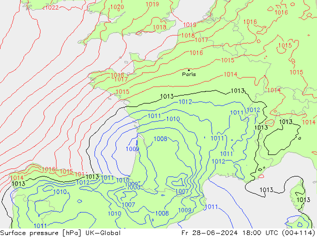 Atmosférický tlak UK-Global Pá 28.06.2024 18 UTC