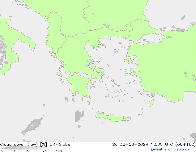 Cloud cover (low) UK-Global Su 30.06.2024 18 UTC