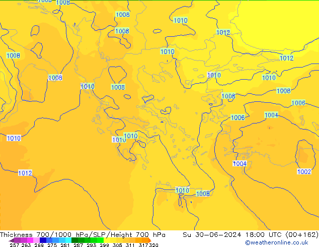 Thck 700-1000 hPa UK-Global Ne 30.06.2024 18 UTC