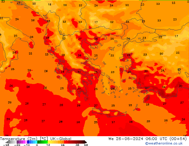 Temperature (2m) UK-Global We 26.06.2024 06 UTC