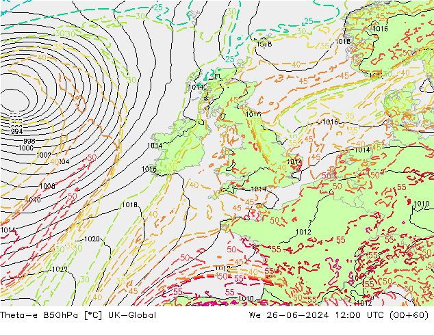 Theta-e 850hPa UK-Global Çar 26.06.2024 12 UTC