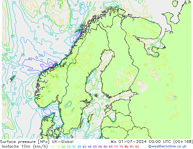 Isotachs (kph) UK-Global пн 01.07.2024 00 UTC