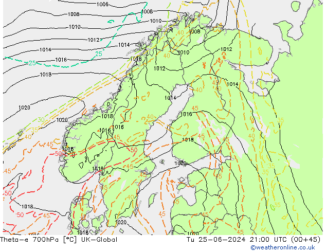 Theta-e 700hPa UK-Global wto. 25.06.2024 21 UTC