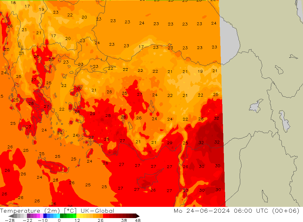 Temperature (2m) UK-Global Mo 24.06.2024 06 UTC