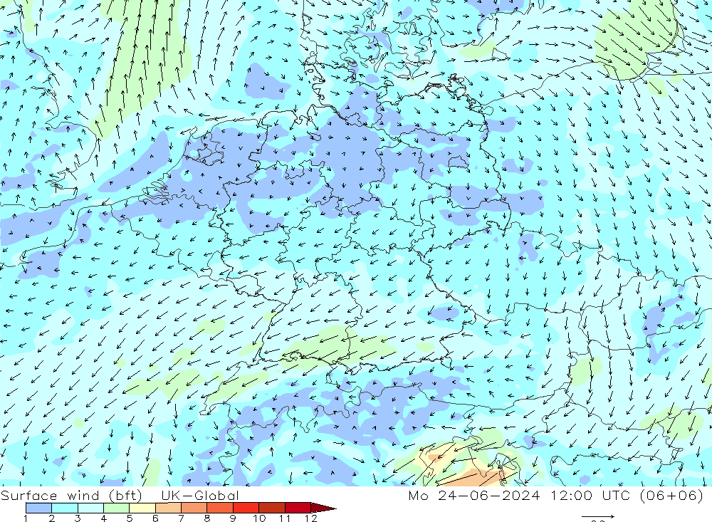 Surface wind (bft) UK-Global Po 24.06.2024 12 UTC