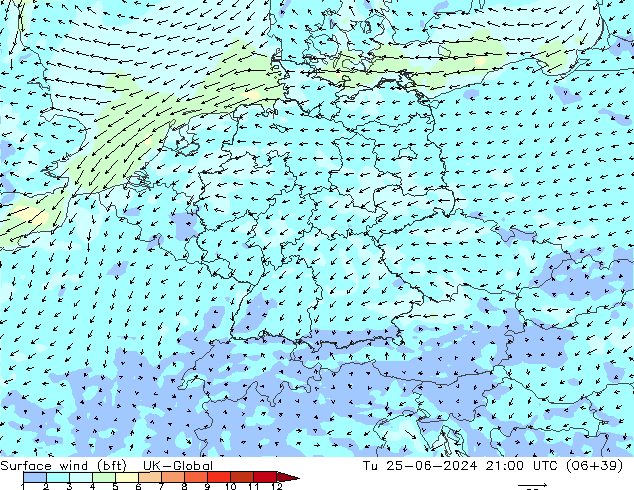 Surface wind (bft) UK-Global Tu 25.06.2024 21 UTC