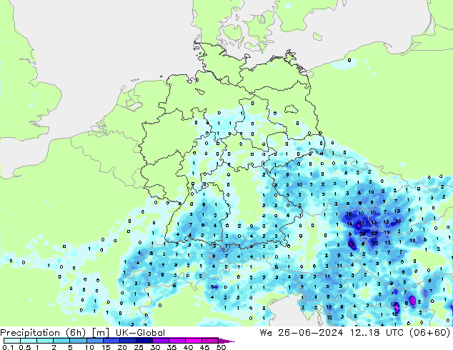 Yağış (6h) UK-Global Çar 26.06.2024 18 UTC