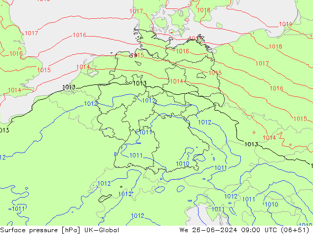 Pressione al suolo UK-Global mer 26.06.2024 09 UTC