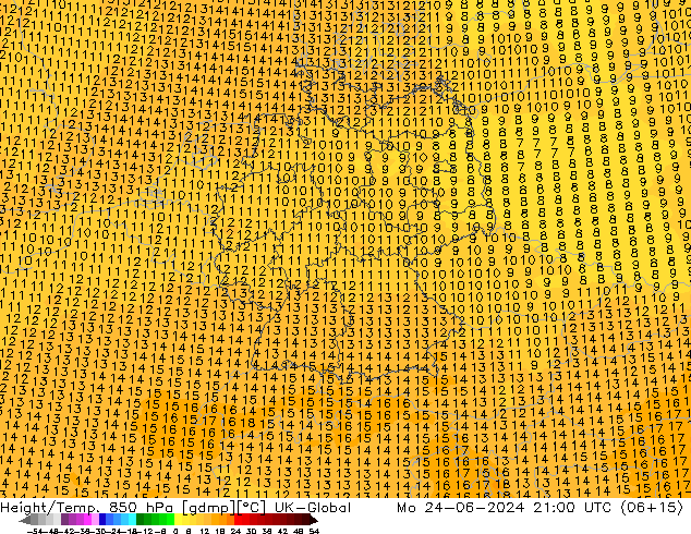 Height/Temp. 850 hPa UK-Global Mo 24.06.2024 21 UTC