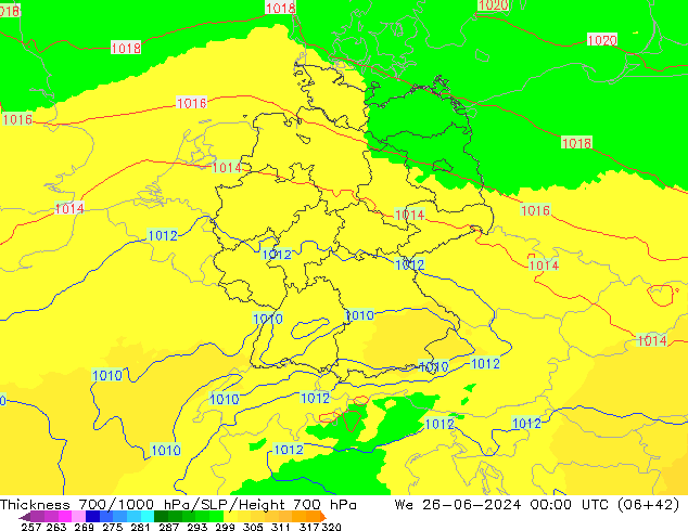 Thck 700-1000 гПа UK-Global ср 26.06.2024 00 UTC