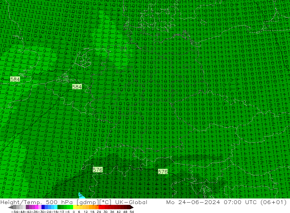 Height/Temp. 500 hPa UK-Global Seg 24.06.2024 07 UTC