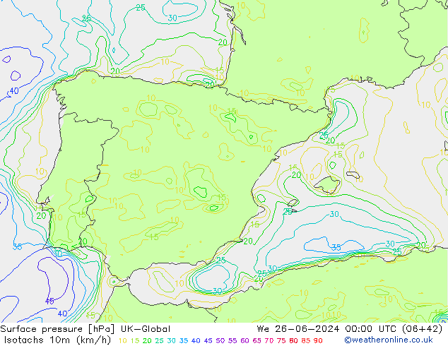 Isotaca (kph) UK-Global mié 26.06.2024 00 UTC