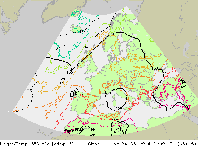 Height/Temp. 850 hPa UK-Global Mo 24.06.2024 21 UTC