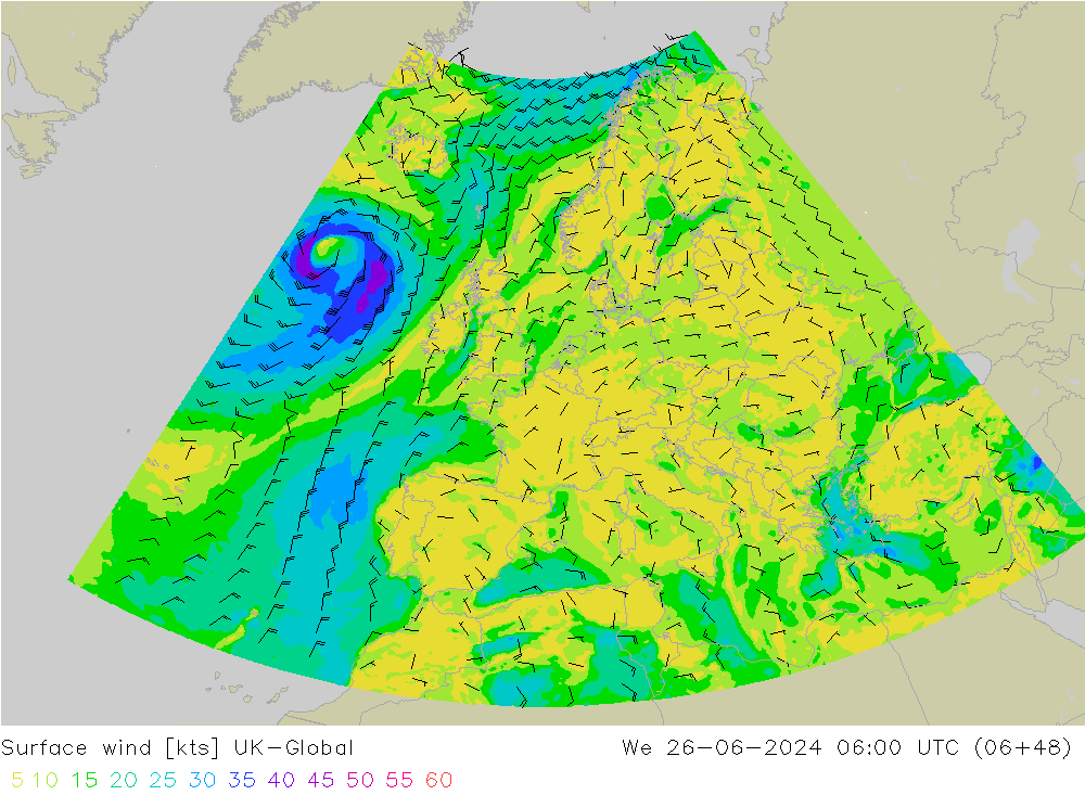 Surface wind UK-Global We 26.06.2024 06 UTC