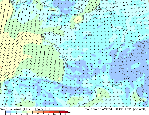 Surface wind (bft) UK-Global Tu 25.06.2024 18 UTC