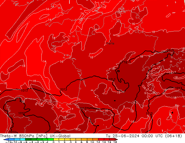 Theta-W 850hPa UK-Global Tu 25.06.2024 00 UTC