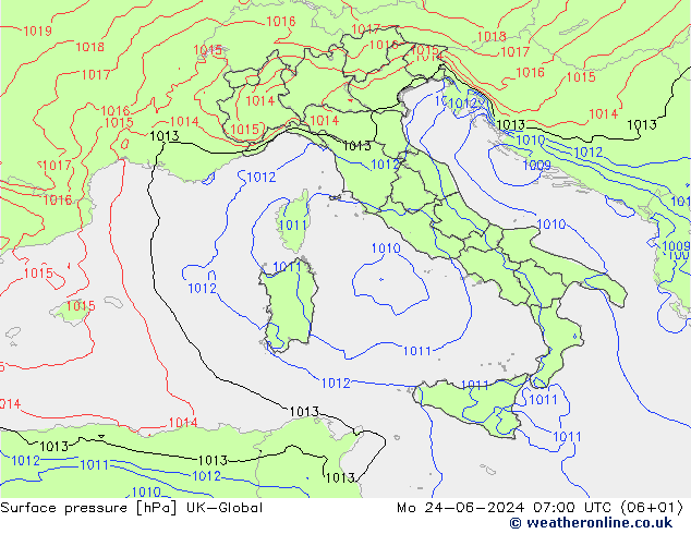 Surface pressure UK-Global Mo 24.06.2024 07 UTC