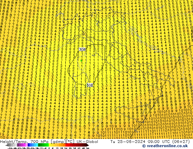 Geop./Temp. 700 hPa UK-Global mar 25.06.2024 09 UTC