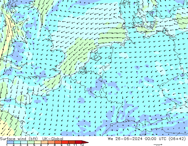 Viento 10 m (bft) UK-Global mié 26.06.2024 00 UTC