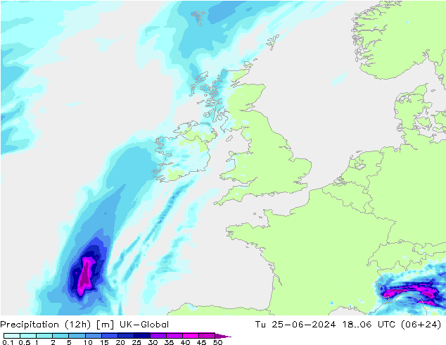 Totale neerslag (12h) UK-Global di 25.06.2024 06 UTC