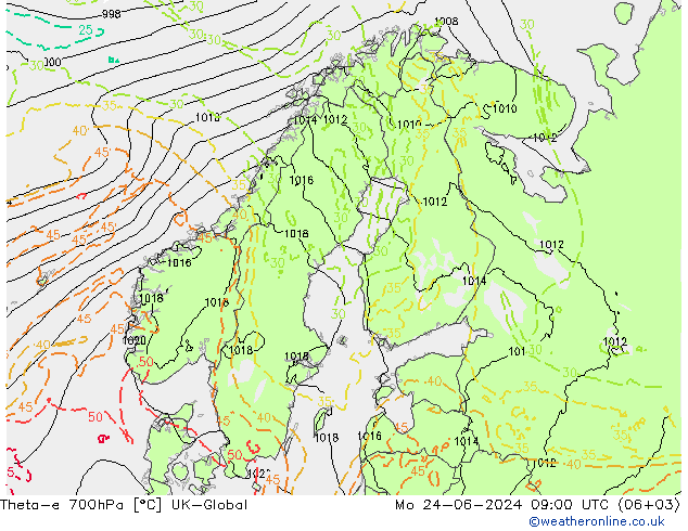 Theta-e 700hPa UK-Global Mo 24.06.2024 09 UTC