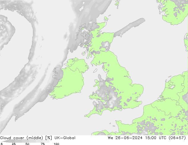 Cloud cover (middle) UK-Global We 26.06.2024 15 UTC