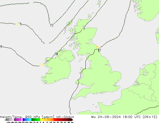 Height/Temp. 950 hPa UK-Global Mo 24.06.2024 18 UTC