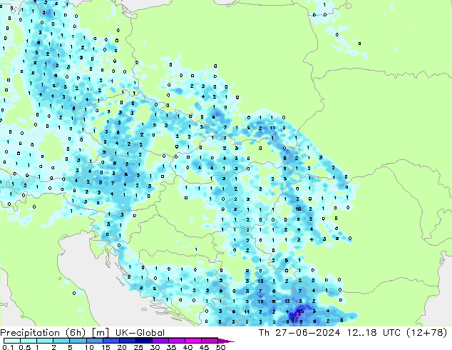 Precipitation (6h) UK-Global Th 27.06.2024 18 UTC