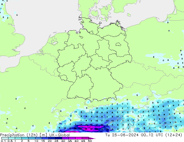 降水量 (12h) UK-Global 星期二 25.06.2024 12 UTC