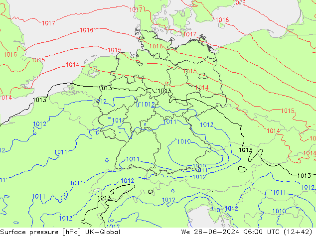 Pressione al suolo UK-Global mer 26.06.2024 06 UTC