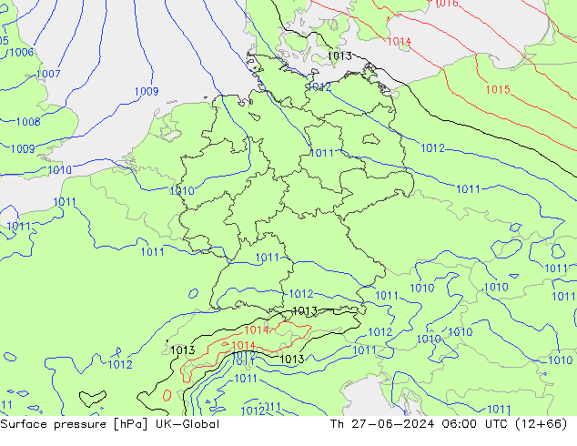 Pressione al suolo UK-Global gio 27.06.2024 06 UTC