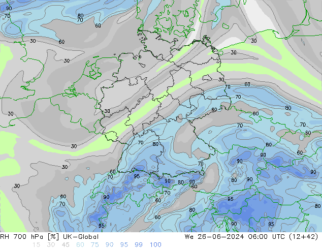 Humidité rel. 700 hPa UK-Global mer 26.06.2024 06 UTC