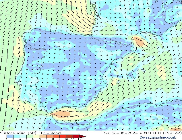 Surface wind (bft) UK-Global Su 30.06.2024 00 UTC