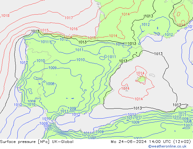 Luchtdruk (Grond) UK-Global ma 24.06.2024 14 UTC