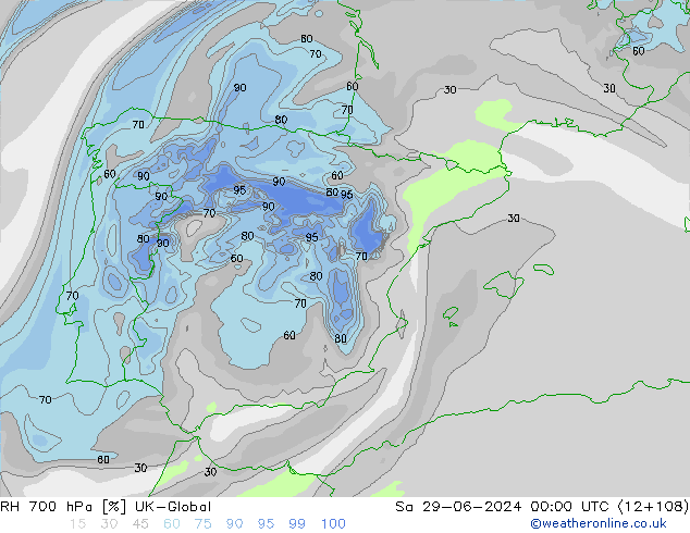 Humidité rel. 700 hPa UK-Global sam 29.06.2024 00 UTC