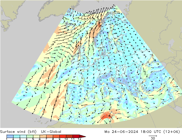 wiatr 10 m (bft) UK-Global pon. 24.06.2024 18 UTC