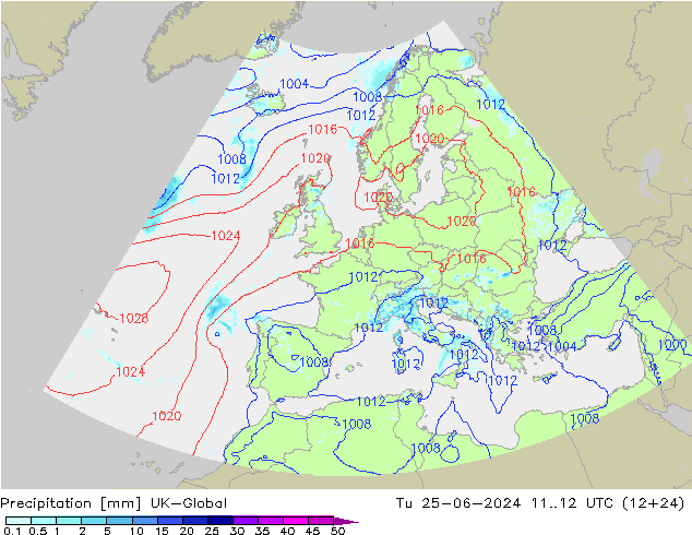 Precipitation UK-Global Tu 25.06.2024 12 UTC