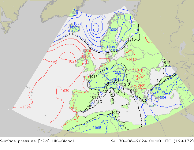 Pressione al suolo UK-Global dom 30.06.2024 00 UTC