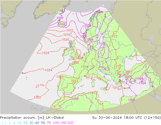 Précipitation accum. UK-Global dim 30.06.2024 18 UTC